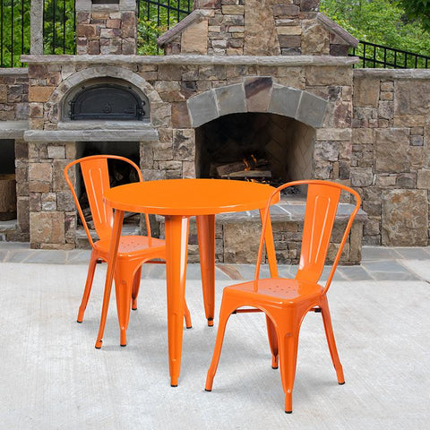 Flash Furniture 30'' Round Orange Metal Indoor-Outdoor Table Set with 2 Cafe Chairs - CH-51090TH-2-18CAFE-OR-GG