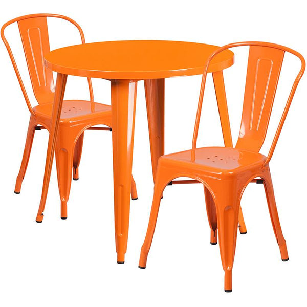 Flash Furniture 30'' Round Orange Metal Indoor-Outdoor Table Set with 2 Cafe Chairs - CH-51090TH-2-18CAFE-OR-GG