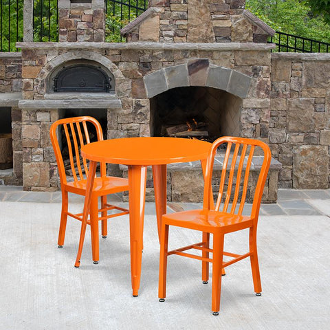 Flash Furniture 30'' Round Orange Metal Indoor-Outdoor Table Set with 2 Vertical Slat Back Chairs - CH-51090TH-2-18VRT-OR-GG