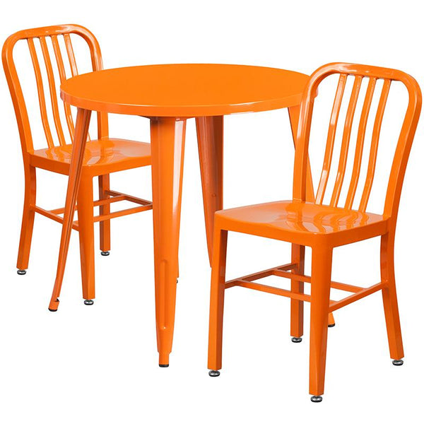 Flash Furniture 30'' Round Orange Metal Indoor-Outdoor Table Set with 2 Vertical Slat Back Chairs - CH-51090TH-2-18VRT-OR-GG