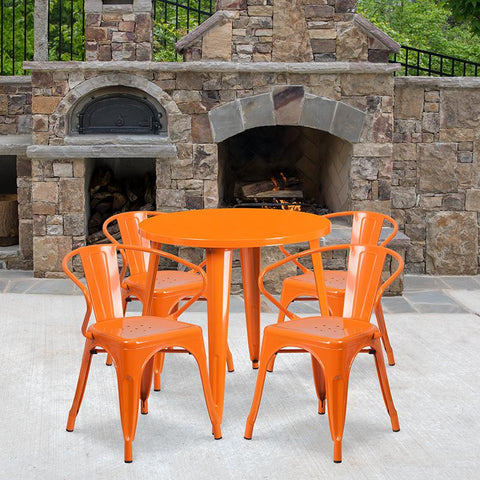 Flash Furniture 30'' Round Orange Metal Indoor-Outdoor Table Set with 4 Arm Chairs - CH-51090TH-4-18ARM-OR-GG