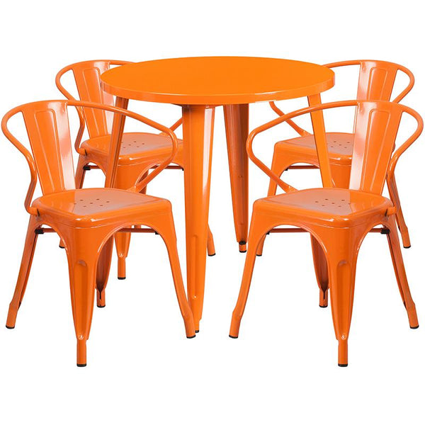 Flash Furniture 30'' Round Orange Metal Indoor-Outdoor Table Set with 4 Arm Chairs - CH-51090TH-4-18ARM-OR-GG