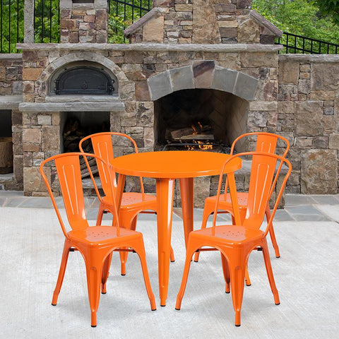 Flash Furniture 30'' Round Orange Metal Indoor-Outdoor Table Set with 4 Cafe Chairs - CH-51090TH-4-18CAFE-OR-GG