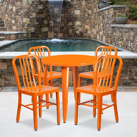 Flash Furniture 30'' Round Orange Metal Indoor-Outdoor Table Set with 4 Vertical Slat Back Chairs - CH-51090TH-4-18VRT-OR-GG
