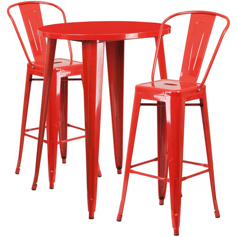 Flash Furniture 30'' Round Red Metal Indoor-Outdoor Bar Table Set with 2 Cafe Stools - CH-51090BH-2-30CAFE-RED-GG