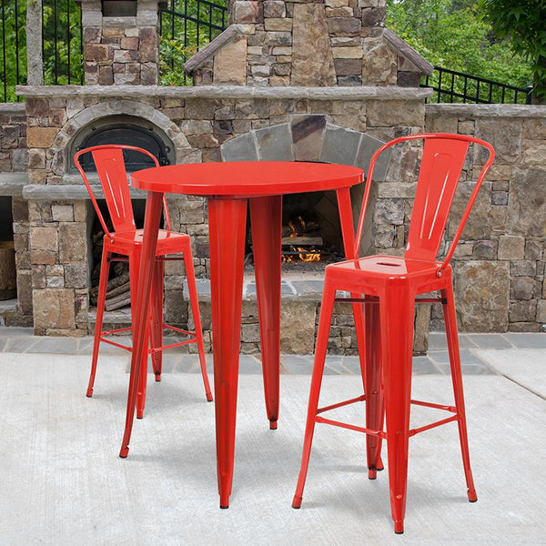 Flash Furniture 30'' Round Red Metal Indoor-Outdoor Bar Table Set with 2 Cafe Stools - CH-51090BH-2-30CAFE-RED-GG
