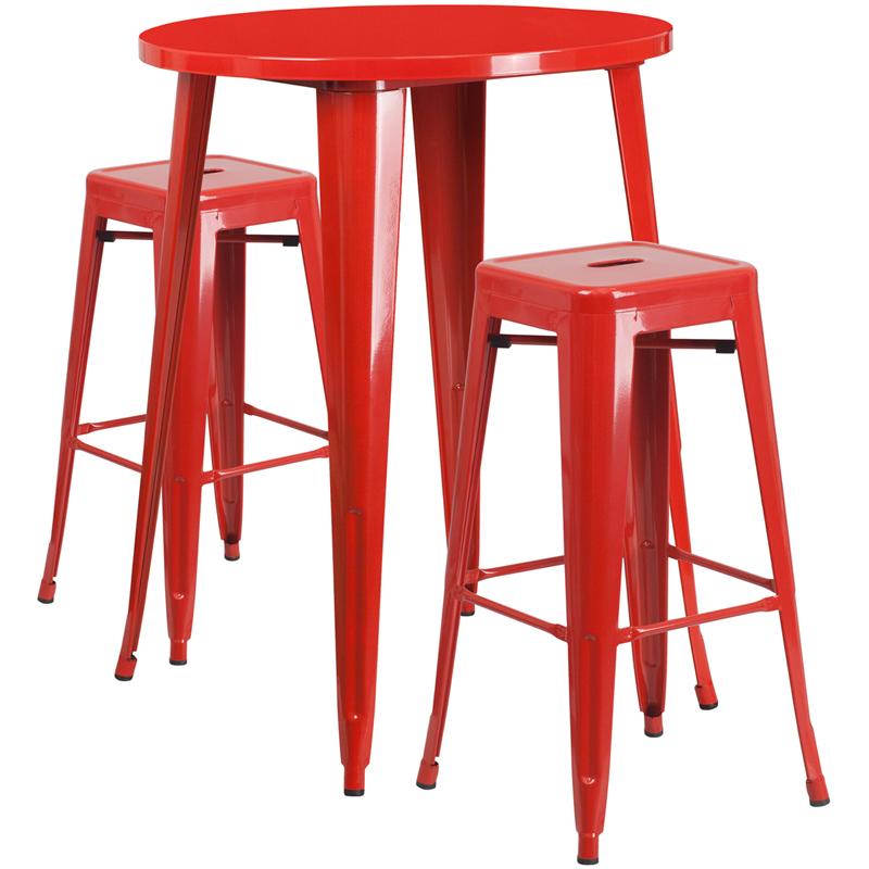 Flash Furniture 30'' Round Red Metal Indoor-Outdoor Bar Table Set with 2 Square Seat Backless Stools - CH-51090BH-2-30SQST-RED-GG