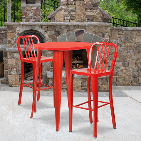 Flash Furniture 30'' Round Red Metal Indoor-Outdoor Bar Table Set with 2 Vertical Slat Back Stools - CH-51090BH-2-30VRT-RED-GG