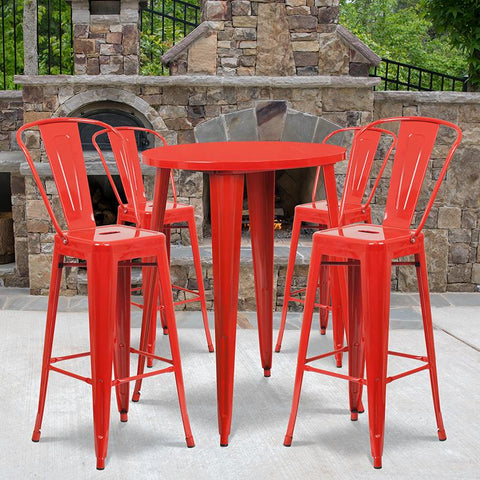 Flash Furniture 30'' Round Red Metal Indoor-Outdoor Bar Table Set with 4 Cafe Stools - CH-51090BH-4-30CAFE-RED-GG