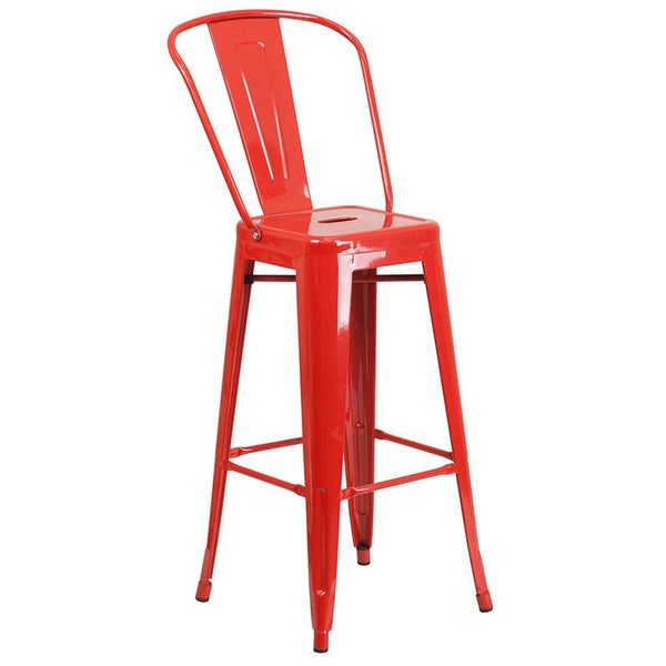 Flash Furniture 30'' Round Red Metal Indoor-Outdoor Bar Table Set with 4 Cafe Stools - CH-51090BH-4-30CAFE-RED-GG