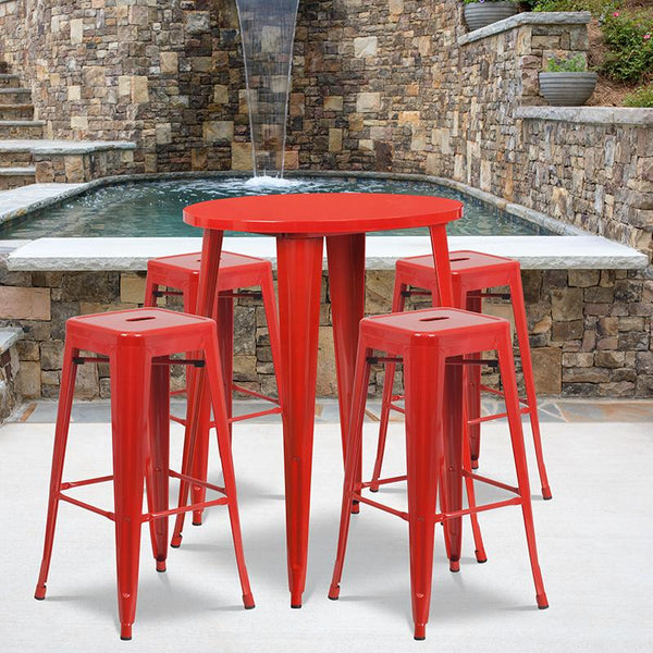 Flash Furniture 30'' Round Red Metal Indoor-Outdoor Bar Table Set with 4 Square Seat Backless Stools - CH-51090BH-4-30SQST-RED-GG