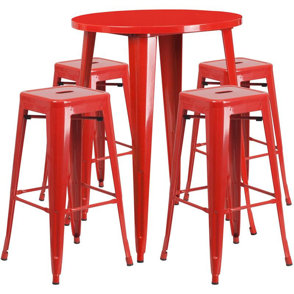 Flash Furniture 30'' Round Red Metal Indoor-Outdoor Bar Table Set with 4 Square Seat Backless Stools - CH-51090BH-4-30SQST-RED-GG