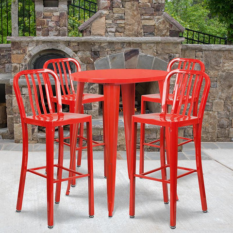 Flash Furniture 30'' Round Red Metal Indoor-Outdoor Bar Table Set with 4 Vertical Slat Back Stools - CH-51090BH-4-30VRT-RED-GG