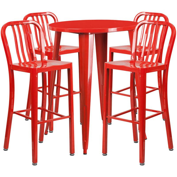 Flash Furniture 30'' Round Red Metal Indoor-Outdoor Bar Table Set with 4 Vertical Slat Back Stools - CH-51090BH-4-30VRT-RED-GG