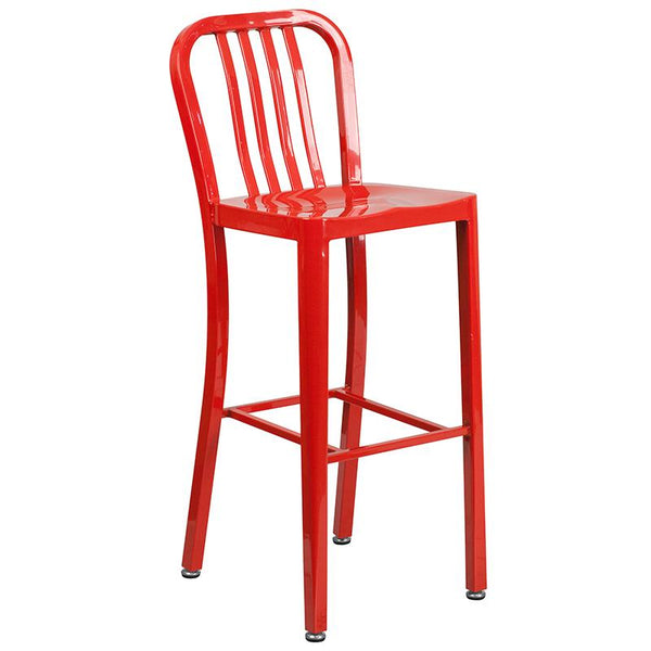 Flash Furniture 30'' Round Red Metal Indoor-Outdoor Bar Table Set with 4 Vertical Slat Back Stools - CH-51090BH-4-30VRT-RED-GG