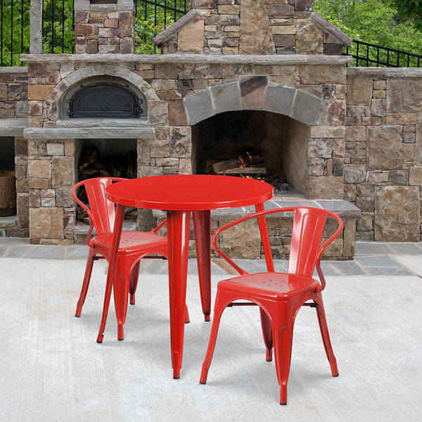 Flash Furniture 30'' Round Red Metal Indoor-Outdoor Table Set with 2 Arm Chairs - CH-51090TH-2-18ARM-RED-GG