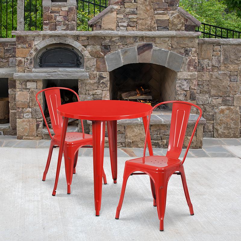 Flash Furniture 30'' Round Red Metal Indoor-Outdoor Table Set with 2 Cafe Chairs - CH-51090TH-2-18CAFE-RED-GG