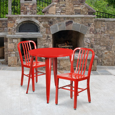 Flash Furniture 30'' Round Red Metal Indoor-Outdoor Table Set with 2 Vertical Slat Back Chairs - CH-51090TH-2-18VRT-RED-GG