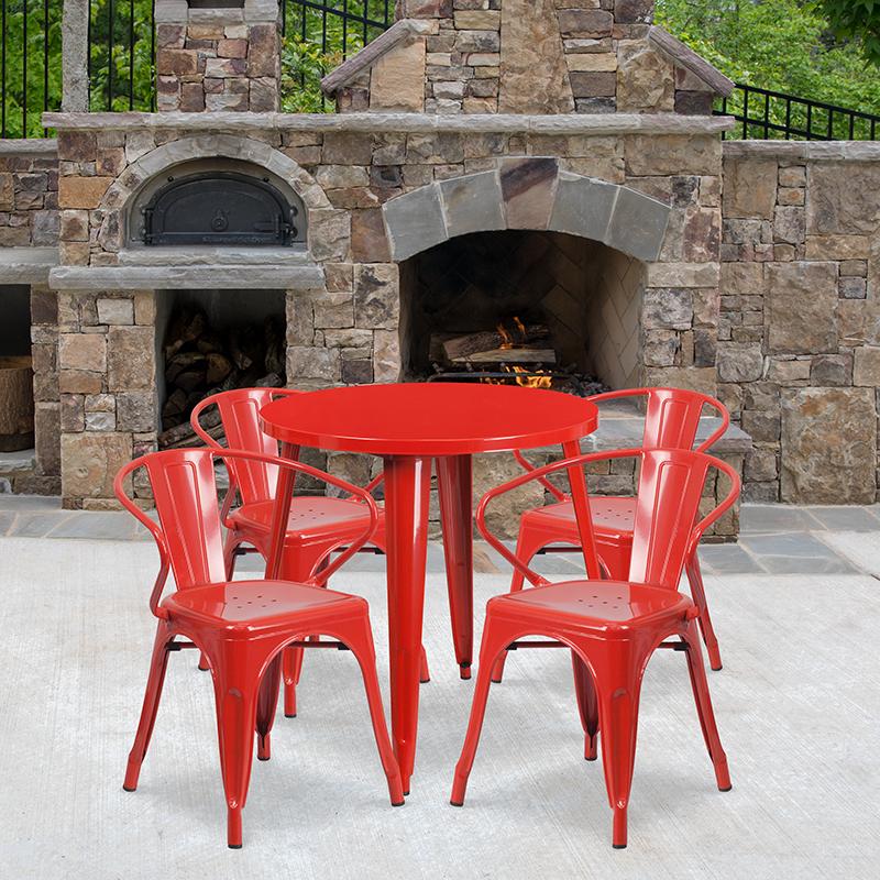 Flash Furniture 30'' Round Red Metal Indoor-Outdoor Table Set with 4 Arm Chairs - CH-51090TH-4-18ARM-RED-GG