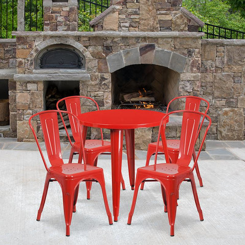 Flash Furniture 30'' Round Red Metal Indoor-Outdoor Table Set with 4 Cafe Chairs - CH-51090TH-4-18CAFE-RED-GG