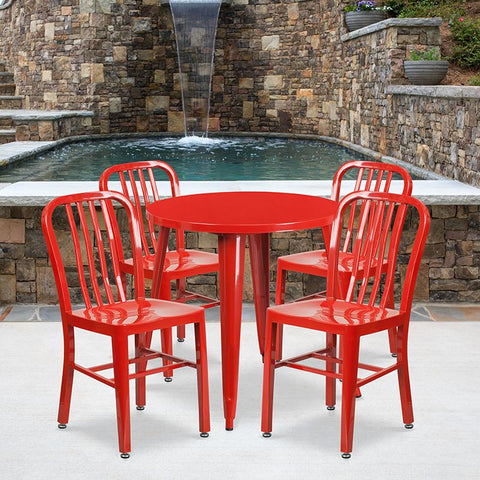 Flash Furniture 30'' Round Red Metal Indoor-Outdoor Table Set with 4 Vertical Slat Back Chairs - CH-51090TH-4-18VRT-RED-GG