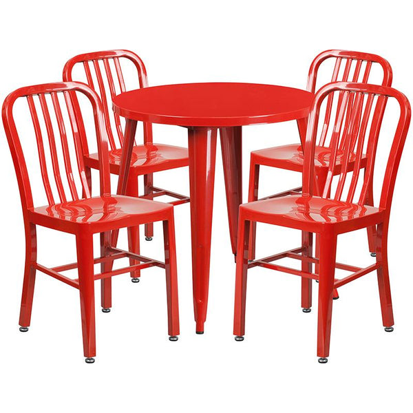 Flash Furniture 30'' Round Red Metal Indoor-Outdoor Table Set with 4 Vertical Slat Back Chairs - CH-51090TH-4-18VRT-RED-GG