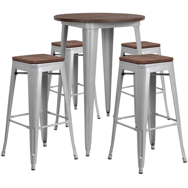 Flash Furniture 30" Round Silver Metal Bar Table Set with Wood Top and 4 Backless Stools - CH-WD-TBCH-12-GG
