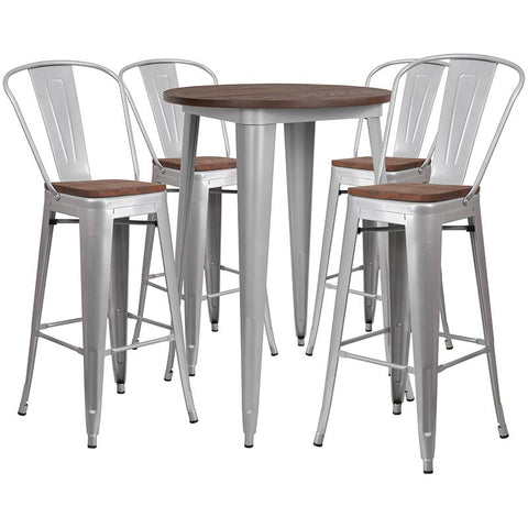 Flash Furniture 30" Round Silver Metal Bar Table Set with Wood Top and 4 Stools - CH-WD-TBCH-11-GG