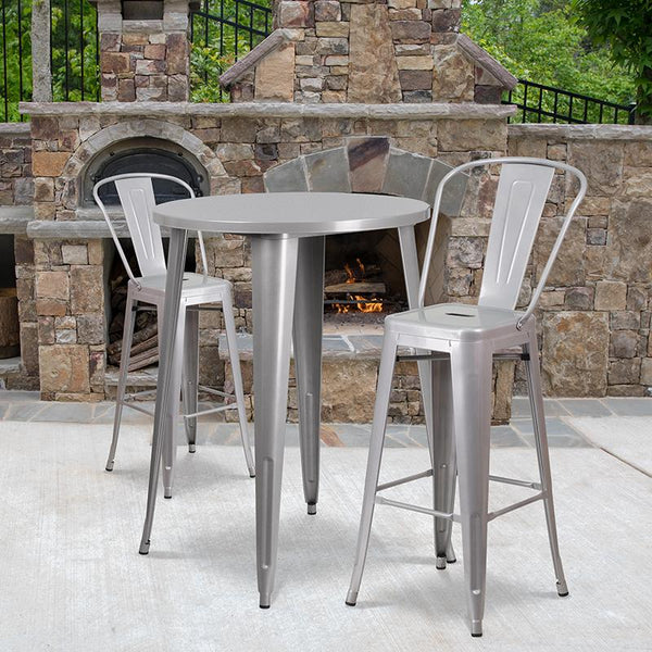 Flash Furniture 30'' Round Silver Metal Indoor-Outdoor Bar Table Set with 2 Cafe Stools - CH-51090BH-2-30CAFE-SIL-GG