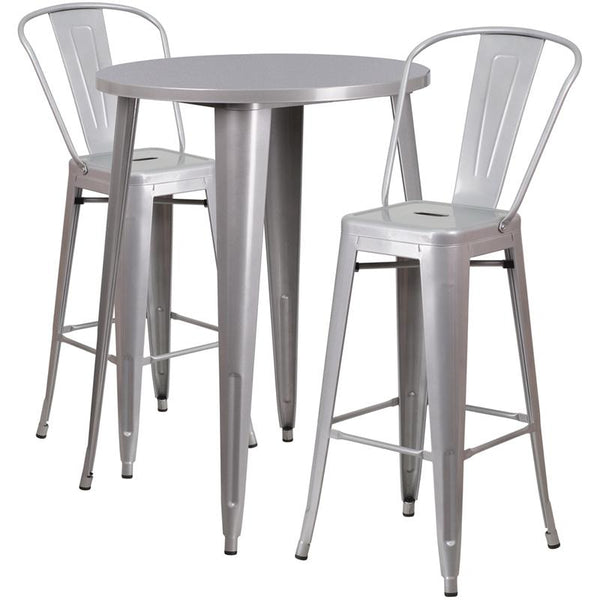 Flash Furniture 30'' Round Silver Metal Indoor-Outdoor Bar Table Set with 2 Cafe Stools - CH-51090BH-2-30CAFE-SIL-GG