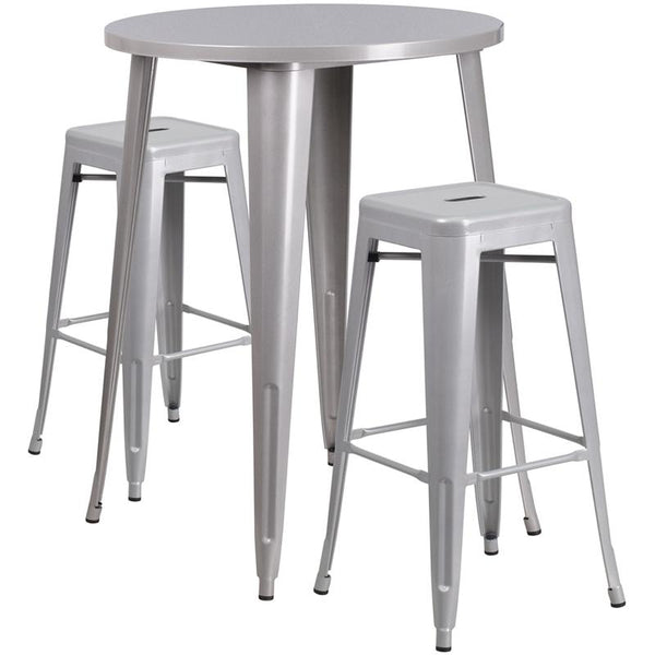 Flash Furniture 30'' Round Silver Metal Indoor-Outdoor Bar Table Set with 2 Square Seat Backless Stools - CH-51090BH-2-30SQST-SIL-GG