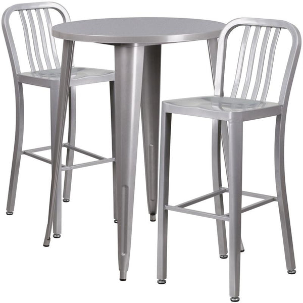 Flash Furniture 30'' Round Silver Metal Indoor-Outdoor Bar Table Set with 2 Vertical Slat Back Stools - CH-51090BH-2-30VRT-SIL-GG