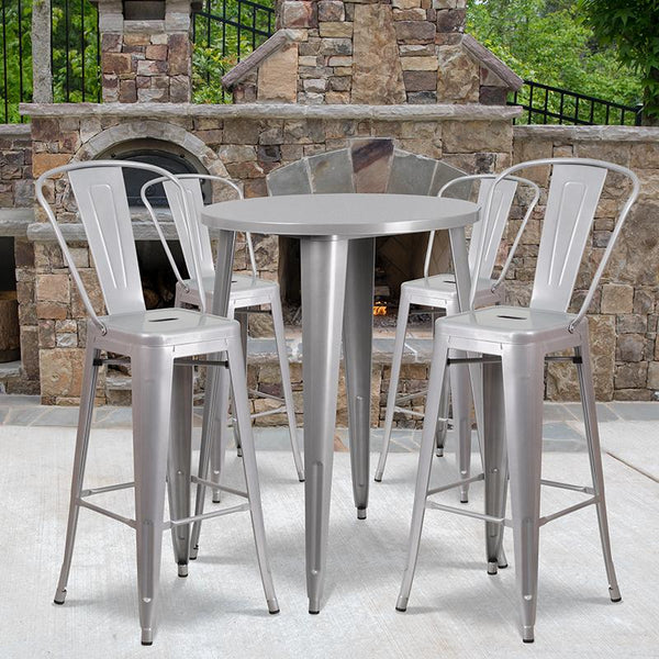 Flash Furniture 30'' Round Silver Metal Indoor-Outdoor Bar Table Set with 4 Cafe Stools - CH-51090BH-4-30CAFE-SIL-GG