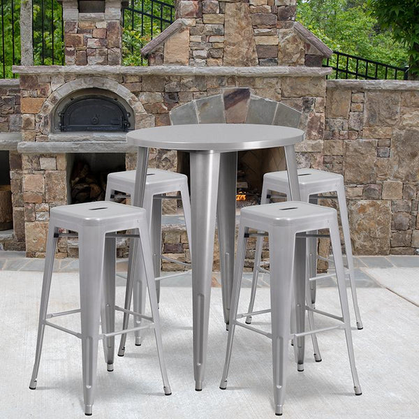 Flash Furniture 30'' Round Silver Metal Indoor-Outdoor Bar Table Set with 4 Square Seat Backless Stools - CH-51090BH-4-30SQST-SIL-GG