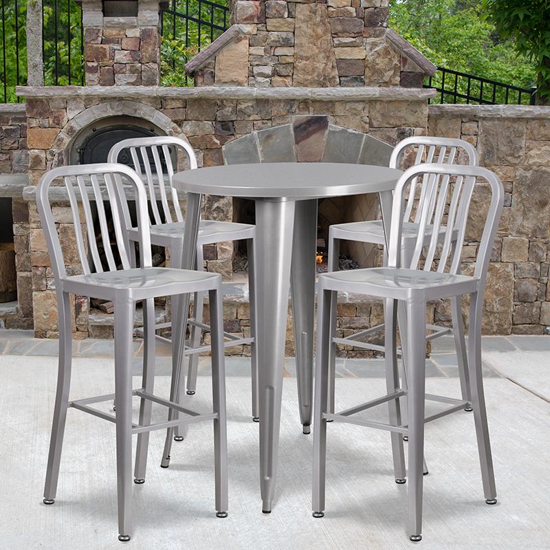 Flash Furniture 30'' Round Silver Metal Indoor-Outdoor Bar Table Set with 4 Vertical Slat Back Stools - CH-51090BH-4-30VRT-SIL-GG
