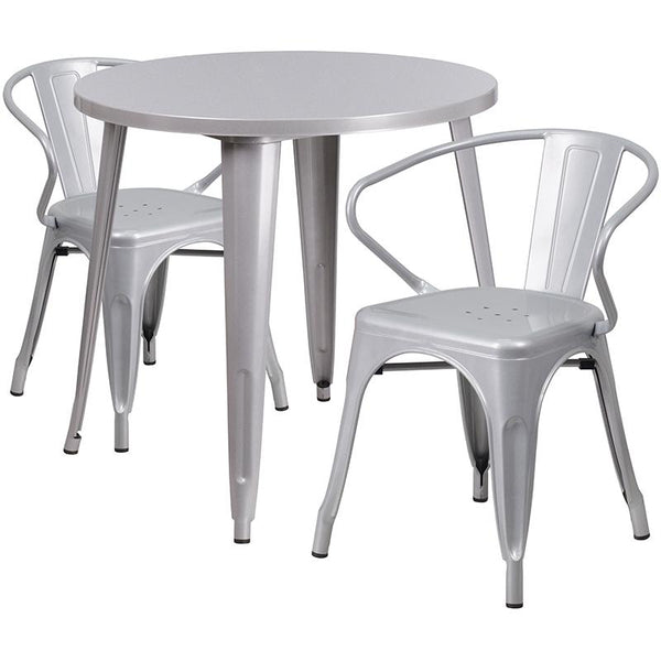 Flash Furniture 30'' Round Silver Metal Indoor-Outdoor Table Set with 2 Arm Chairs - CH-51090TH-2-18ARM-SIL-GG