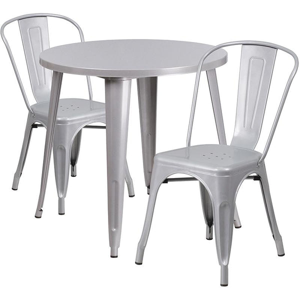 Flash Furniture 30'' Round Silver Metal Indoor-Outdoor Table Set with 2 Cafe Chairs - CH-51090TH-2-18CAFE-SIL-GG