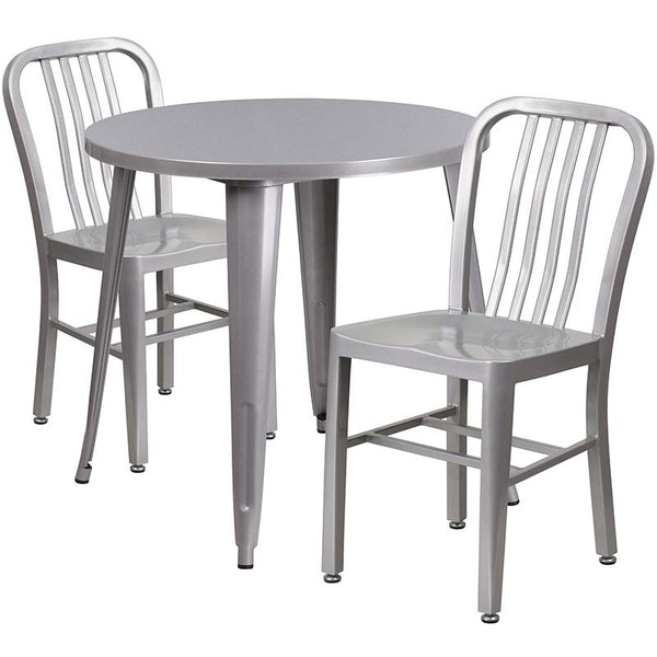 Flash Furniture 30'' Round Silver Metal Indoor-Outdoor Table Set with 2 Vertical Slat Back Chairs - CH-51090TH-2-18VRT-SIL-GG