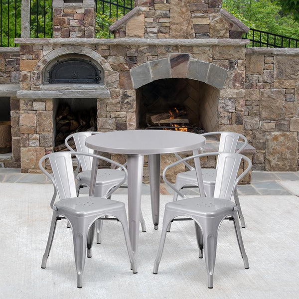 Flash Furniture 30'' Round Silver Metal Indoor-Outdoor Table Set with 4 Arm Chairs - CH-51090TH-4-18ARM-SIL-GG