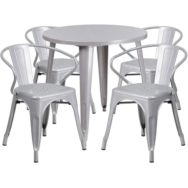 Flash Furniture 30'' Round Silver Metal Indoor-Outdoor Table Set with 4 Arm Chairs - CH-51090TH-4-18ARM-SIL-GG