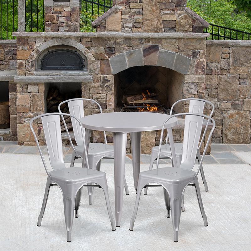 Flash Furniture 30'' Round Silver Metal Indoor-Outdoor Table Set with 4 Cafe Chairs - CH-51090TH-4-18CAFE-SIL-GG
