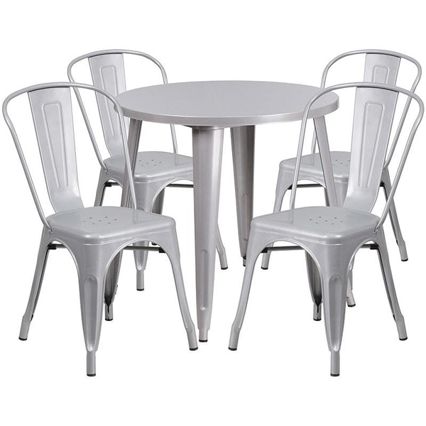 Flash Furniture 30'' Round Silver Metal Indoor-Outdoor Table Set with 4 Cafe Chairs - CH-51090TH-4-18CAFE-SIL-GG