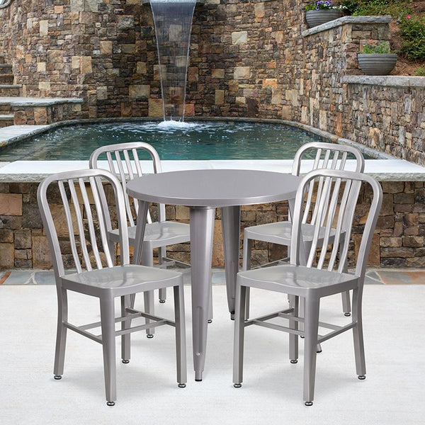 Flash Furniture 30'' Round Silver Metal Indoor-Outdoor Table Set with 4 Vertical Slat Back Chairs - CH-51090TH-4-18VRT-SIL-GG