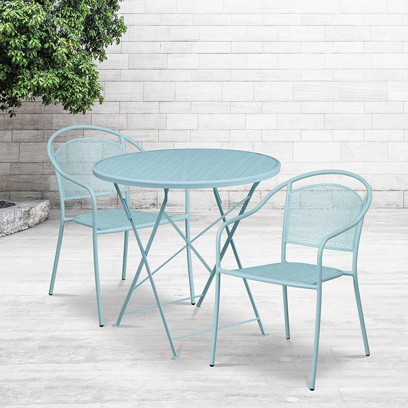 Flash Furniture 30'' Round Sky Blue Indoor-Outdoor Steel Folding Patio Table Set with 2 Round Back Chairs - CO-30RDF-03CHR2-SKY-GG