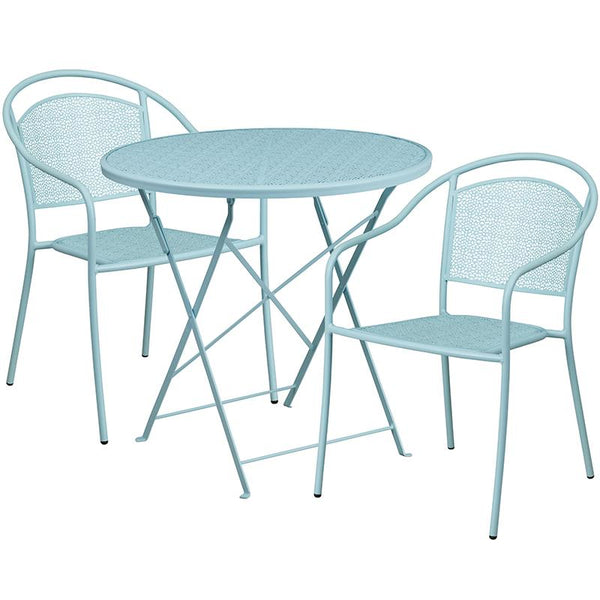 Flash Furniture 30'' Round Sky Blue Indoor-Outdoor Steel Folding Patio Table Set with 2 Round Back Chairs - CO-30RDF-03CHR2-SKY-GG