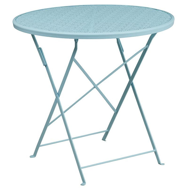 Flash Furniture 30'' Round Sky Blue Indoor-Outdoor Steel Folding Patio Table Set with 2 Round Back Chairs - CO-30RDF-03CHR2-SKY-GG