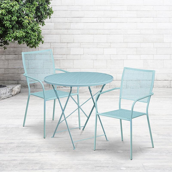 Flash Furniture 30'' Round Sky Blue Indoor-Outdoor Steel Folding Patio Table Set with 2 Square Back Chairs - CO-30RDF-02CHR2-SKY-GG