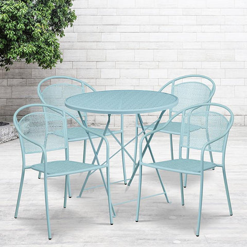 Flash Furniture 30'' Round Sky Blue Indoor-Outdoor Steel Folding Patio Table Set with 4 Round Back Chairs - CO-30RDF-03CHR4-SKY-GG