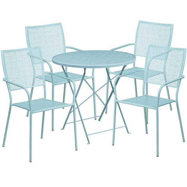 Flash Furniture 30'' Round Sky Blue Indoor-Outdoor Steel Folding Patio Table Set with 4 Square Back Chairs - CO-30RDF-02CHR4-SKY-GG