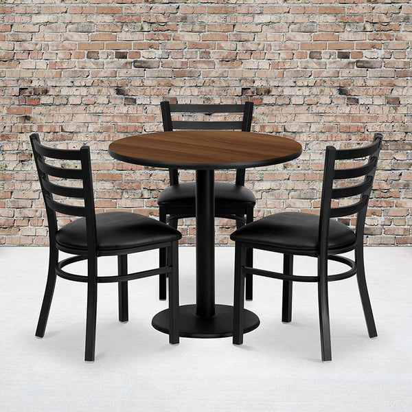 Flash Furniture 30'' Round Walnut Laminate Table Set with 3 Ladder Back Metal Chairs - Black Vinyl Seat - MD-0002-GG